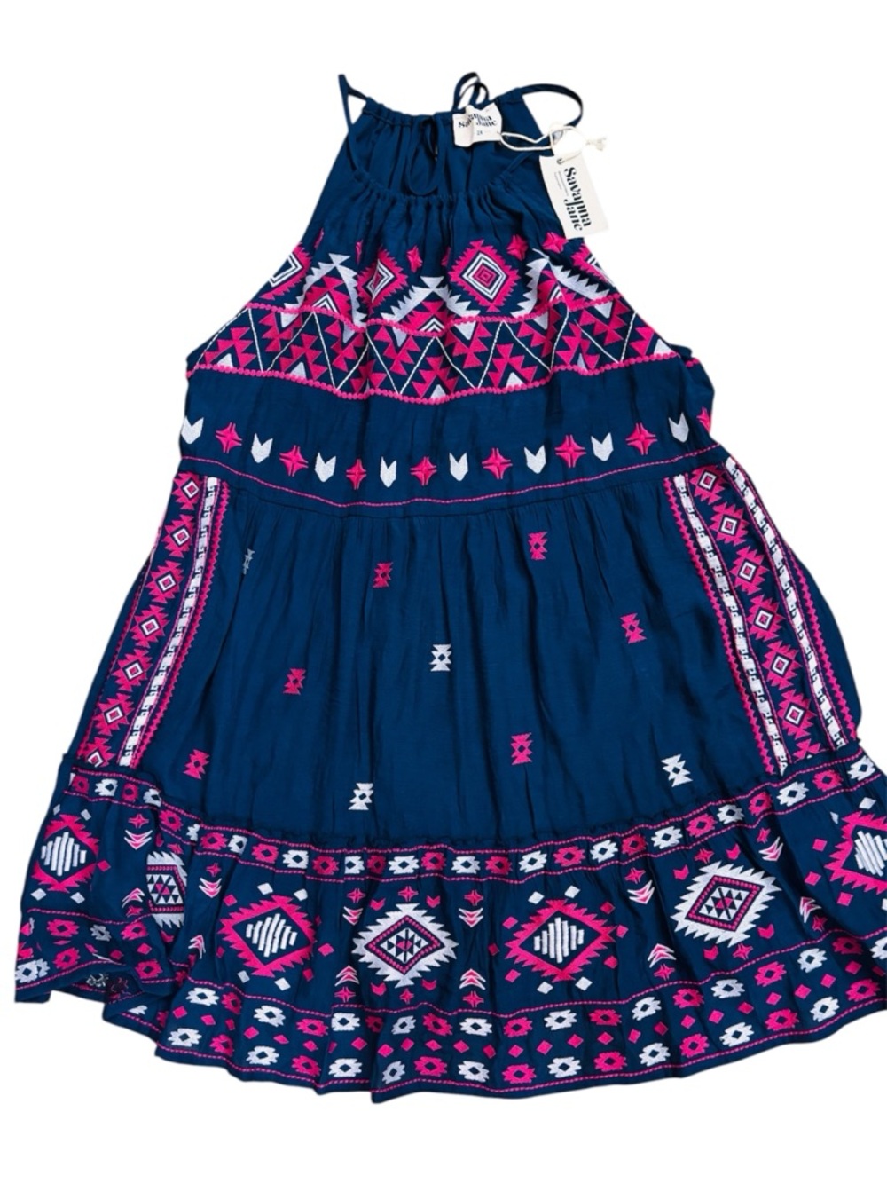 Savanna Jane Navy Haltered style dress with Pink & White Embroidery (24 PTP)